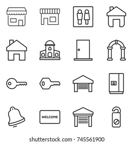 thin line icon set : shop, wc, home, mansion, door, arch, key, garage, fridge, bell, welcome mat, do not distrub
