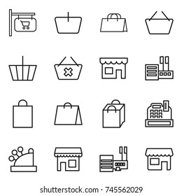thin line icon set : shop signboard, basket, shopping bag, delete cart, store, cashbox, mall