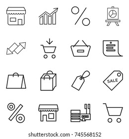 thin line icon set : shop, diagram, percent, presentation, up down arrow, add to cart, remove from basket, shopping list, bag, label, sale, mall