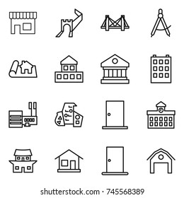 thin line icon set : shop, greate wall, bridge, draw compass, project, cottage, library, building, mall, modern architecture, door, university, japanese house, home, barn