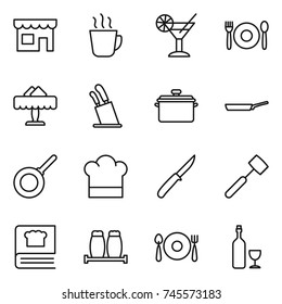 thin line icon set : shop, hot drink, cocktail, cafe, restaurant, stands for knives, pan, cook hat, knife, meat hammer, cooking book, salt pepper, fork spoon plate, wine