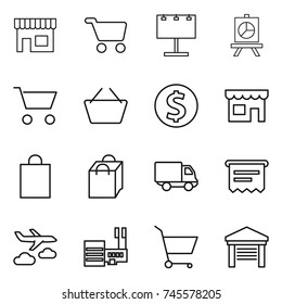 thin line icon set : shop, cart, billboard, presentation, basket, dollar coin, shopping bag, delivery, atm receipt, journey, mall, garage