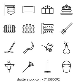 thin line icon set : shop signboard, fence, greenhouse, flower bed, watering, fork, rake, sickle, wheelbarrow, pear, scarecrow, bucket