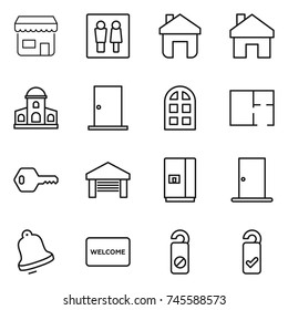 thin line icon set : shop, wc, home, mansion, door, arch window, plan, key, garage, fridge, bell, welcome mat, do not distrub, please clean