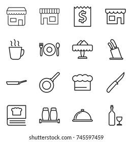 thin line icon set : shop, receipt, hot drink, cafe, restaurant, stands for knives, pan, chief hat, knife, cooking book, salt pepper, meal cap, wine