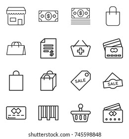 thin line icon set : shop, money, shopping bag, account balance, add to basket, credit card, sale label, bar code