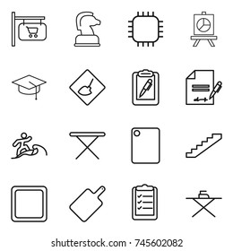 thin line icon set : shop signboard, chess horse, chip, presentation, graduate hat, under construction, clipboard pen, inventory, surfer, iron board, cutting, stairs, list