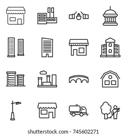 thin line icon set : shop, store, drawbridge, goverment house, skyscrapers, skyscraper, building, district, city, bridge, outdoor light, sweeper, garden cleaning