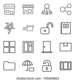 thin line icon set : shop, share, 24 7, delivery, unlock, copybook, window, door, package box, documents, insurance, unlocked