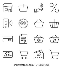thin line icon set : shop, basket, investment, percent, phone pay, crypto currency, credit card, account balance, add to, delete cart