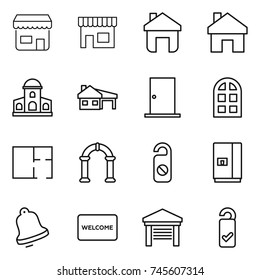 thin line icon set : shop, home, mansion, house with garage, door, arch window, plan, do not distrub, fridge, bell, welcome mat, please clean