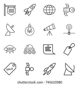 thin line icon set : shop signboard, rocket, globe, satellite, antenna, telescope, laser, ufo, lunar rover, shopping list, label, sale