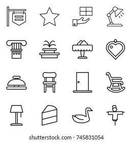 thin line icon set : shop signboard, star, gift, table lamp, column, fountain, restaurant, heart pendant, service bell, chair, door, rocking, floor, cake, goose, scarecrow