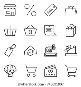 thin line icon set : shop, percent, sale, shopping bag, basket, delete cart, list, label, cashbox, parachute delivery, credit card