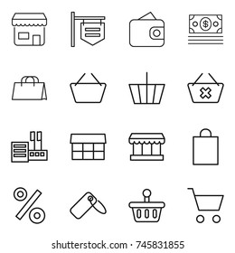 thin line icon set : shop, signboard, wallet, money, shopping bag, basket, delete cart, store, market, percent, label