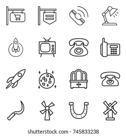 thin line icon set : shop signboard, call, table lamp, rocket, tv, phone, disco ball, dresser, sickle, windmill, horseshoe