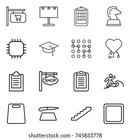 thin line icon set : shop signboard, billboard, clipboard, chess horse, chip, graduate hat, cardio, surfer, cutting board, stairs