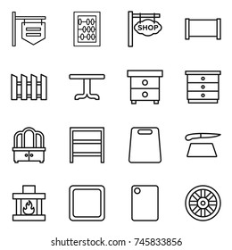 thin line icon set : shop signboard, abacus, fence, table, nightstand, chest of drawers, dresser, rack, cutting board, fireplace, wheel