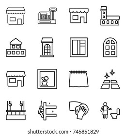 thin line icon set : shop, cashbox, mansion, cottage, building, window, arch, flower in, curtain, clean floor, skysrcapers cleaning, skyscrapers, wiping, toilet
