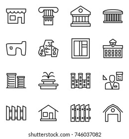 thin line icon set : shop, column, library, airport building, slum, modern architecture, window, university, district, fountain, palace, architector, fence, home, barn