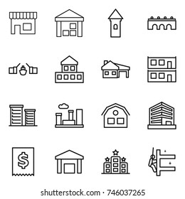 thin line icon set : shop, warehouse, tower, bridge, drawbridge, cottage, house with garage, modular, district, city, office, tax, hotel, skyscrapers cleaning