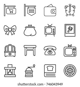 thin line icon set : shop signboard, wallet, alarm clock, bow, purse, tv, photo, dresser, stool, phone, fireplace, hand mill, cooking book, wheel