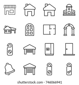 thin line icon set : shop, home, mansion, house with garage, arch window, plan, do not distrub, fridge, door, bell, please clean