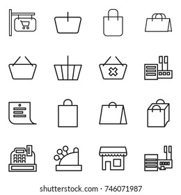 thin line icon set : shop signboard, basket, shopping bag, delete cart, store, list, cashbox, mall