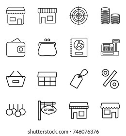 thin line icon set : shop, target, coin stack, wallet, purse, annual report, cashbox, remove from basket, market, label, percent, sale, store signboard
