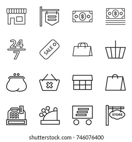thin line icon set : shop, signboard, money, 24 7, sale, shopping bag, basket, purse, delete cart, market, cashbox, delivery, store