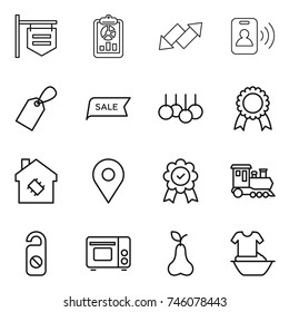 thin line icon set : shop signboard, report, up down arrow, pass card, label, sale, medal, smart house, geo pin, train, do not distrub, grill oven, pear, handle washing