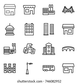 thin line icon set : shop, store, bridge, goverment house, building, skyscrapers, mall, modern architecture, palace, outdoor light, bus