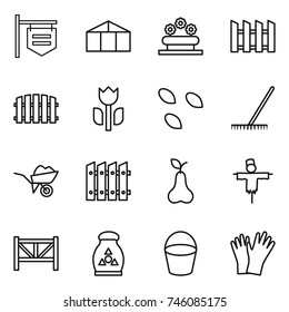 thin line icon set : shop signboard, greenhouse, flower bed, fence, perishable, seeds, rake, wheelbarrow, pear, scarecrow, farm, fertilizer, bucket, gloves