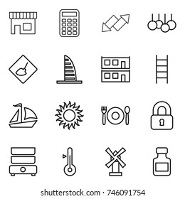 thin line icon set : shop, calculator, up down arrow, sale, under construction, skyscraper, modular house, stairs, sail boat, sun, cafe, locked, double boiler, thermometer, windmill, pills bottle