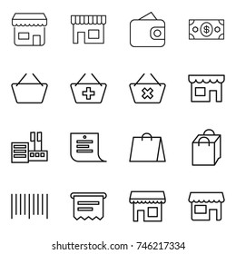 thin line icon set : shop, wallet, money, basket, add to, delete cart, store, shopping list, bag, bar code, atm receipt