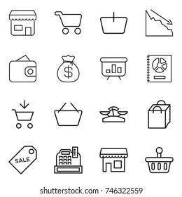 thin line icon set : shop, cart, basket, crisis, wallet, money bag, presentation, annual report, add to, scales, shopping, sale label, cashbox