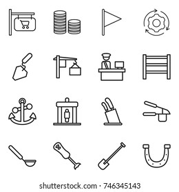 thin line icon set : shop signboard, coin stack, flag, around gear, construction, loading, customs control, rack, anchor, detector, stands for knives, garlic clasp, ladle, blender, shovel, horseshoe