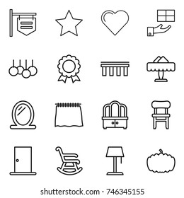 thin line icon set : shop signboard, star, heart, gift, sale, medal, bridge, restaurant, mirror, curtain, dresser, chair, door, rocking, floor lamp, pumpkin