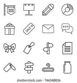 thin line icon set : shop signboard, billboard, pencil, circle diagram, gift, sale, mail, discussion, bow, label, signpost, document, hanger, bank