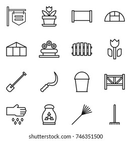 thin line icon set : shop signboard, flower, fence, greenhouse, bed, perishable, shovel, sickle, bucket, farm, sow, fertilizer, rake