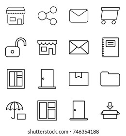 thin line icon set : shop, share, mail, delivery, unlock, copybook, window, door, package box, documents, 