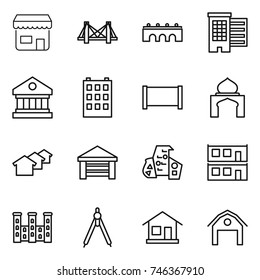 thin line icon set : shop, bridge, houses, library, building, fence, minaret, garage, modern architecture, modular house, palace, drawing compasses, home, barn