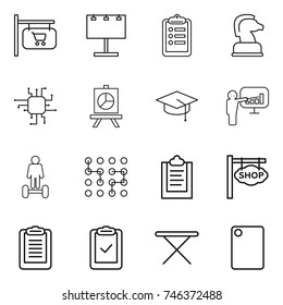 thin line icon set : shop signboard, billboard, clipboard, chess horse, chip, presentation, graduate hat, hoverboard, check, iron board, cutting
