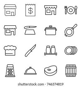 thin line icon set : shop, receipt, cafe, cutting board, pan, chief hat, knife, salt pepper, plates, grater, meal cap, steake, barrel