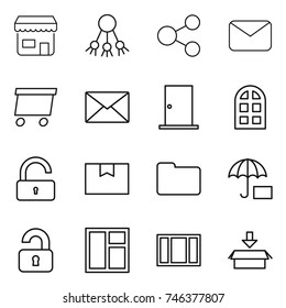 thin line icon set : shop, share, mail, delivery, door, arch window, unlock, package box, documents, unlocked
