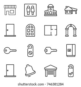 thin line icon set : shop, wc, mansion, house with garage, door, arch window, plan, key, do not distrub, fridge, bell, please clean