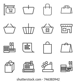 thin line icon set : shop signboard, basket, shopping bag, delete cart, store, list, cashbox, mall