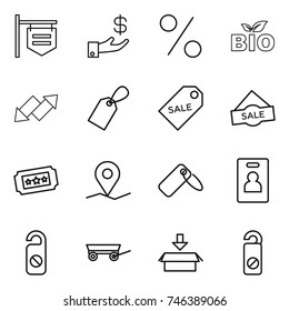 thin line icon set : shop signboard, investment, percent, bio, up down arrow, label, sale, ticket, geo pin, identity card, do not distrub, trailer, package