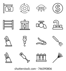 thin line icon set : shop signboard, around gear, ufo, dollar coin, rack, detector, water tap, stands for knives, handle scales, walnut crack, big fork, knife holder, blender, grain elevator, rake
