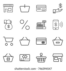 thin line icon set : shop, basket, card, investment, money gift, percent, cashbox, phone pay, cart, credit, remove from, delete
